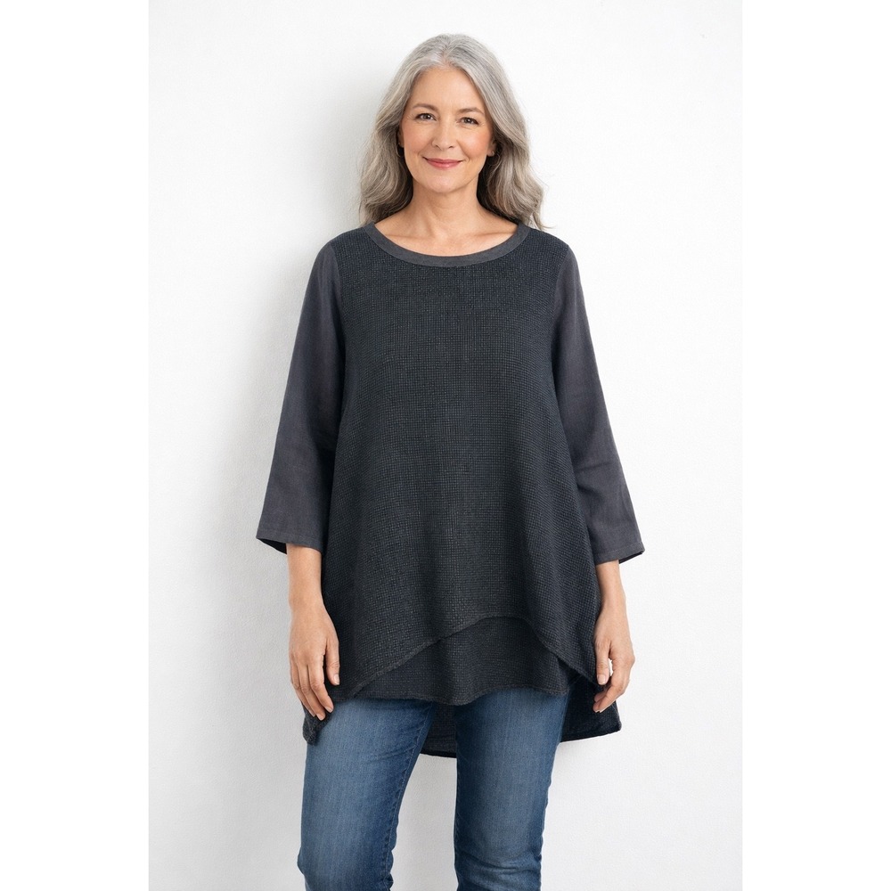 KHANGURA Linen Blend Tunic Top‎ Size L Black Lagenlook 3/4 Sleeve Oversized USA